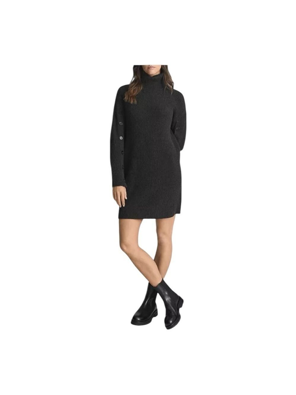 Reiss Maggie Button Sleeve Knitted Dress in Charcoal Gray Size M